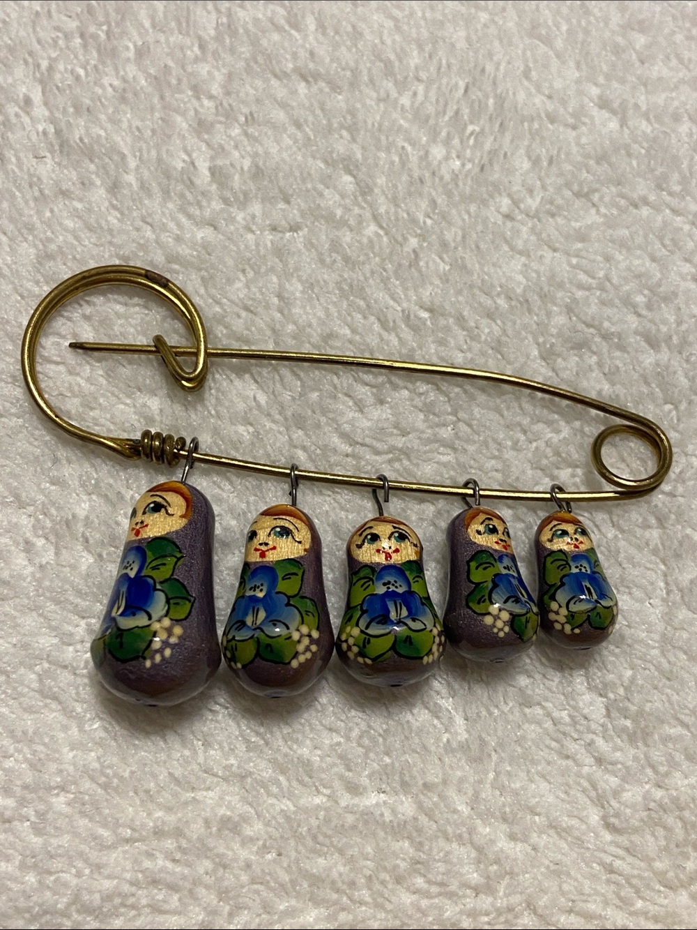 Vintage Matryoshka Doll nesting Pin Brooch with Five Floral Dolls